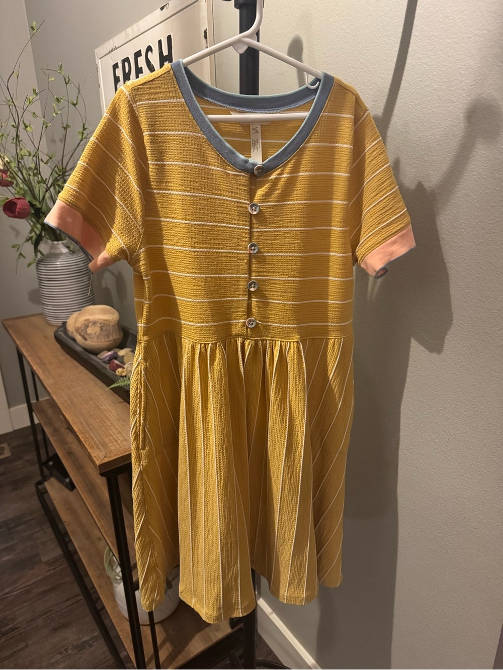 Matilda Jane Yellow Striped Short Sleeve Button Dress with Blue Trim